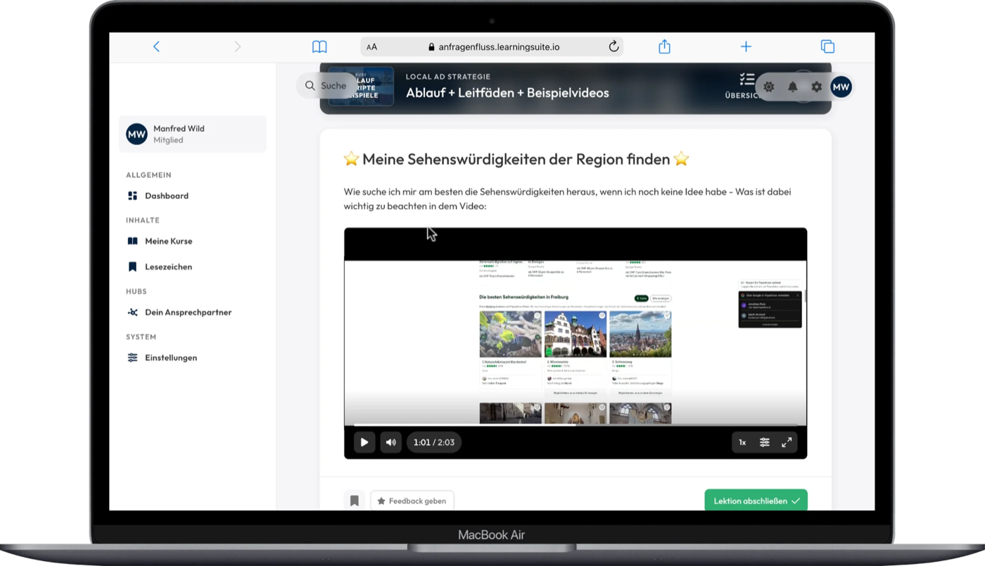Anfragenfluss Learning-Suite — Desktop-Lektionsansicht mit Video